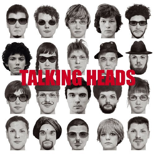 "Album cover with 20 black and white headshots and 'TALKING HEADS' in red text."