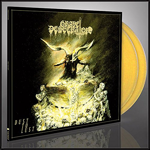 Yellow vinyl record with black album cover featuring a dark, gothic illustration and text.
