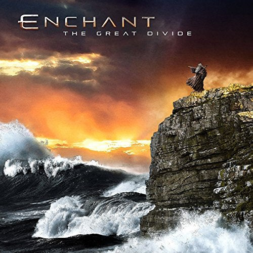 "CD cover art: A person stands on a cliff, overlooking turbulent sea at sunset."