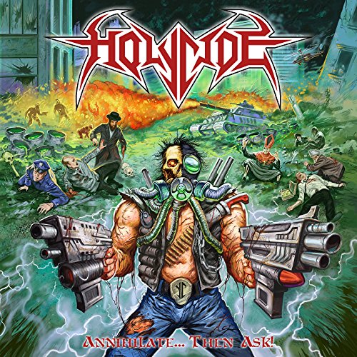 Album cover art featuring a man with guns amidst a chaotic, apocalyptic scene.