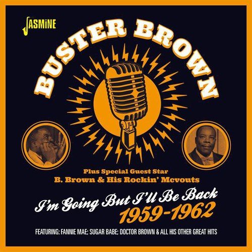 "Buster Brown CD cover with microphone graphic, black background, and orange accents."