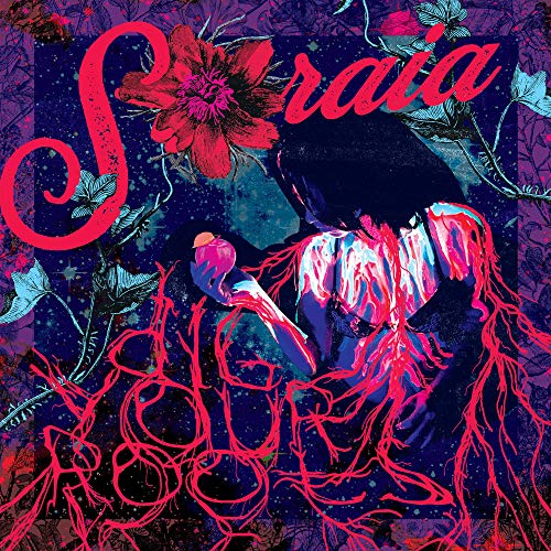 "Album cover with a woman surrounded by red roots and floral patterns."