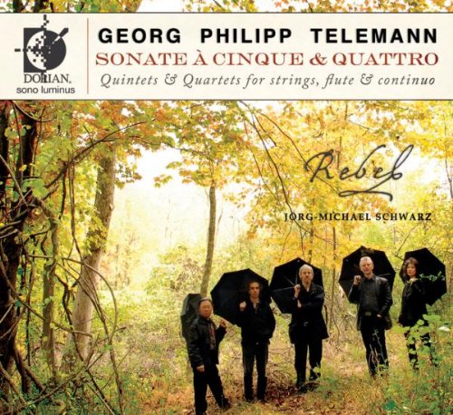 CD cover: musicians with umbrellas in a golden autumn forest.