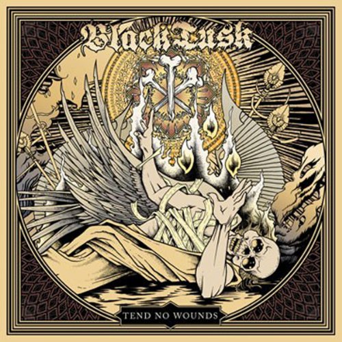 "Album cover art featuring an illustrated figure with wings and a skull, sepia-toned."