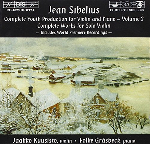 "CD cover with winter landscape painting and white text on black background."