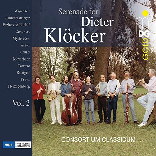 "CD cover with musicians outdoors, holding instruments, and text 'Serenade for Dieter Klöcker'."
