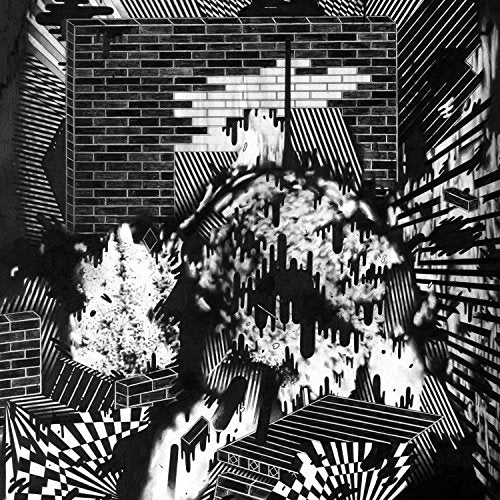 "Black and white abstract album cover with distorted brick and cityscape imagery."