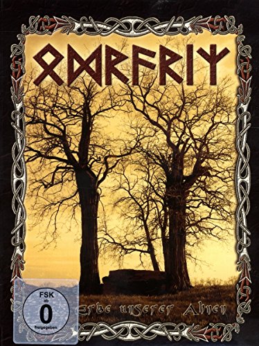 "Album cover with bare trees against an orange sky, ornate border, and runic title."