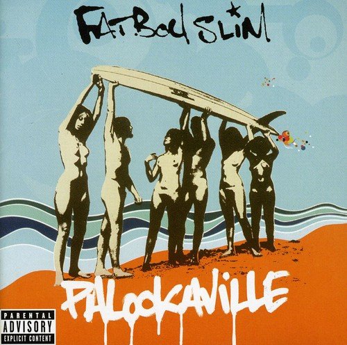 "Album cover art featuring silhouetted figures holding a surfboard on an orange beach."