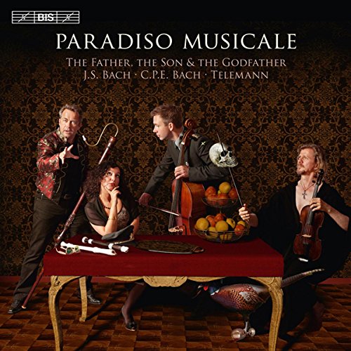 CD cover: musicians with instruments and fruit on a red table.