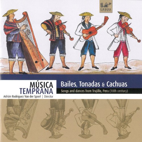 The image depicts a CD cover featuring musicians playing various instruments. Alt text: "CD cover with illustration of four men playing instruments."