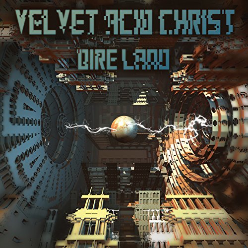 "Album cover art: futuristic scene with machinery, lightning, and a glowing sphere."