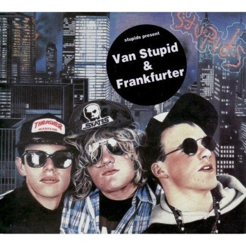 "Album cover with three men wearing sunglasses and hats, cityscape in the background."