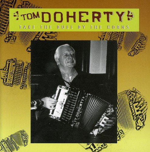 "Album cover with a man holding an accordion, yellow background, and patterned accordion designs."