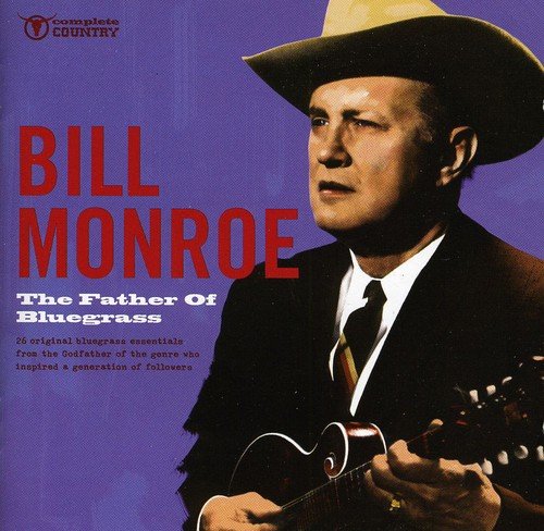 "CD cover featuring Bill Monroe playing mandolin, wearing a hat, against a purple background."