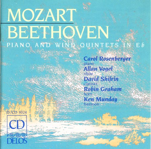 CD cover for Mozart/Beethoven piano and wind quintets, blue and gold.