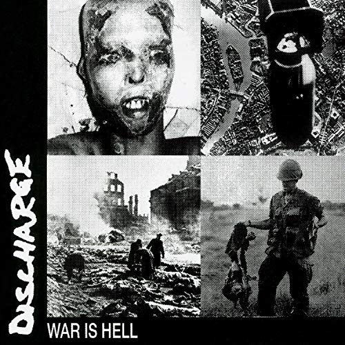 Black and white collage depicting war imagery and distressed faces.