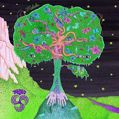 "Album cover art featuring a vibrant, psychedelic tree with eyes and tentacles."