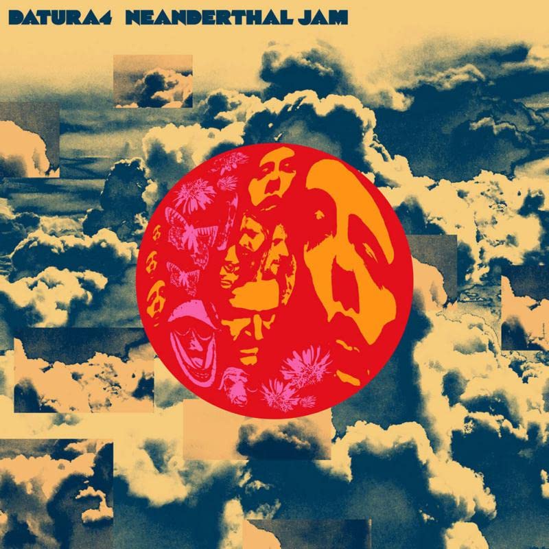 Album cover with red circle, faces, butterflies, and cloud collage.