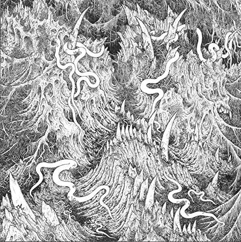 Intricate black and white illustration of a monstrous, organic form.