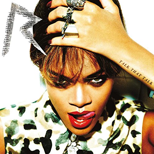 Rihanna album cover, close-up portrait with bold red lips and hand detail.