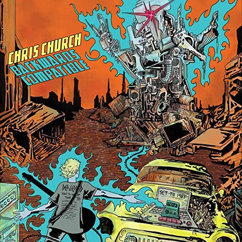 Album cover for Chris Church’s “Backwards Compatible” with retro tech imagery.