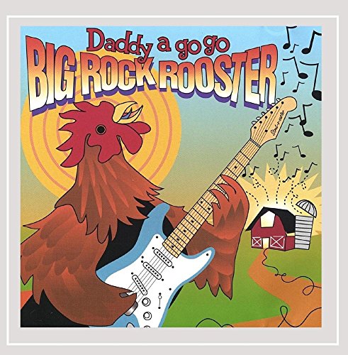 "Album cover featuring a cartoon rooster playing an electric guitar, with a barn."