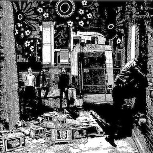 Black and white vinyl record cover with illustrated cityscape and figures.