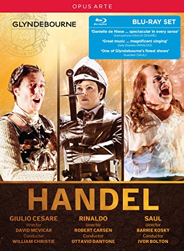 "Blu-ray box set with three opera characters and 'Handel' title on dark brown cover."