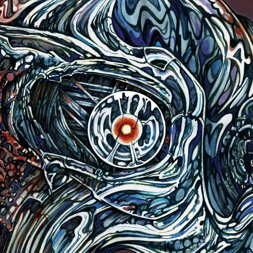 Close-up of a swirling, mechanical eye with orange and white center.