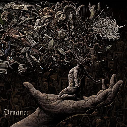 Dark, detailed album cover with a figure in a hand amidst chaos.