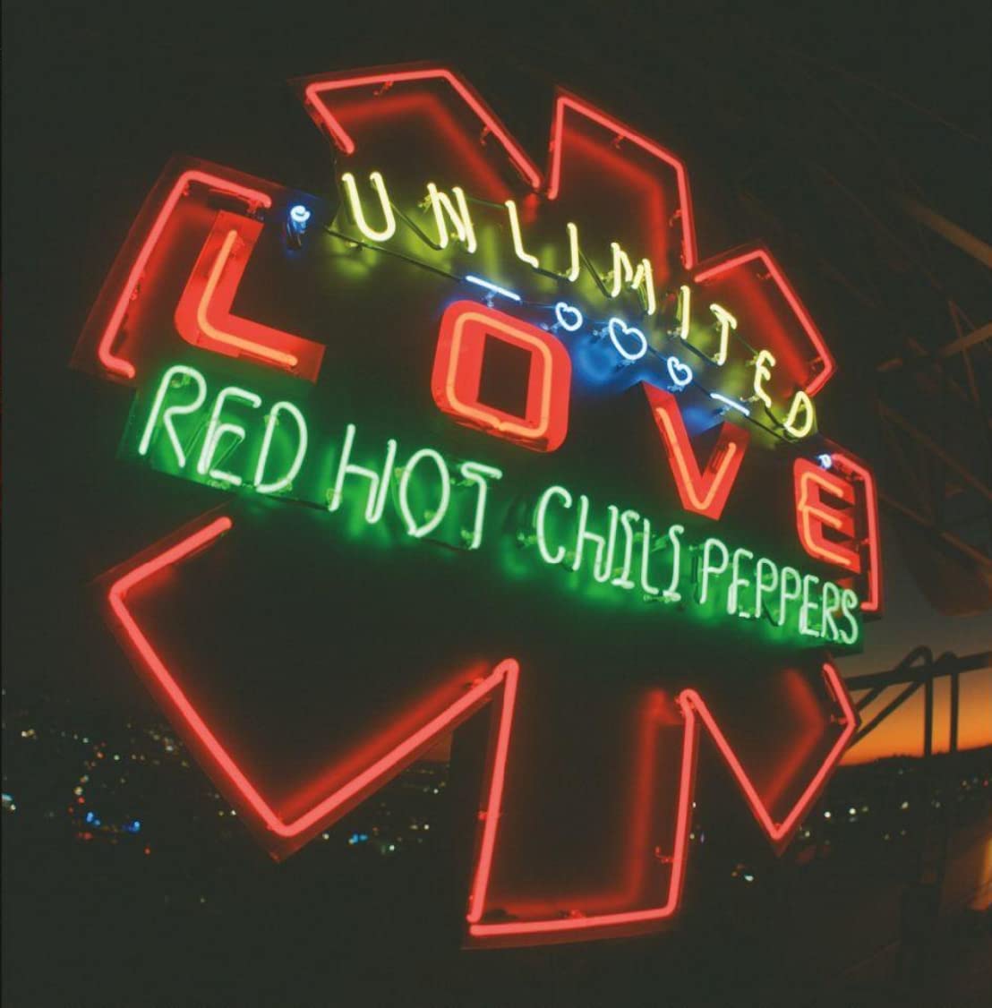 "Red Hot Chili Peppers CD cover with neon sign featuring 'Unlimited Love' in red, green, and yellow."