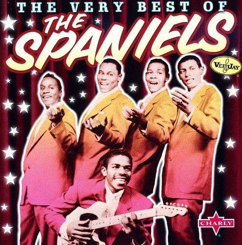 "CD cover featuring The Spaniels, a group of men in suits, on a red curtain."