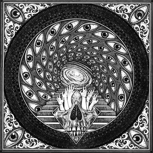 Black and white illustration of a skull surrounded by multiple eyes and hands.