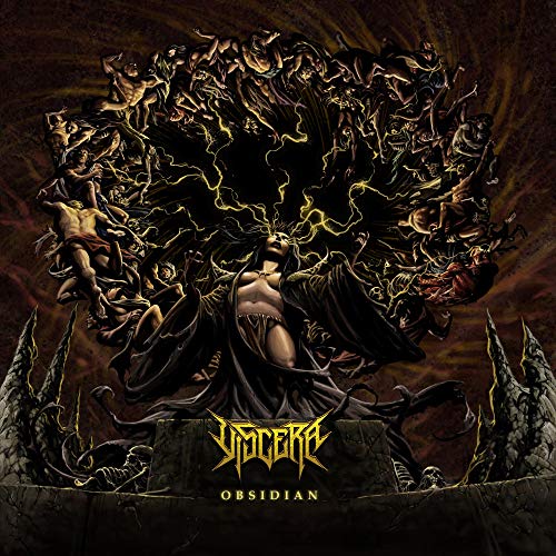 The image depicts a dark, gothic album cover with a central figure surrounded by demons. Here is a possible alt text: "Dark album cover art featuring a figure with demons and yellow lightning."