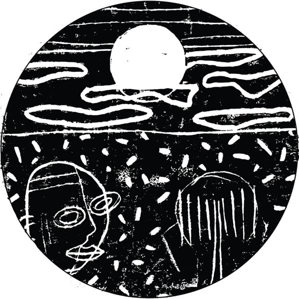 Black and white circular illustration of a face, birds, and sun.