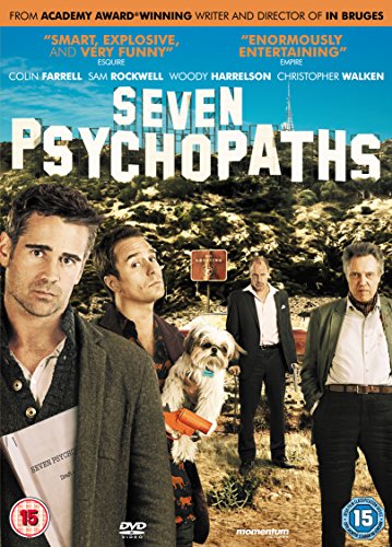 "Seven Psychopaths" DVD cover featuring four men and a dog in a field.