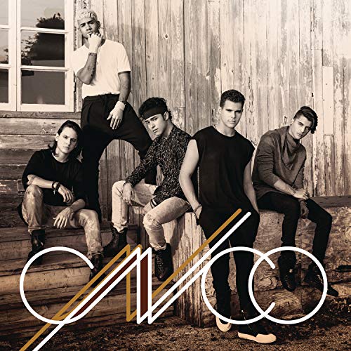 Five young men posing on wooden steps with band logo overlay.