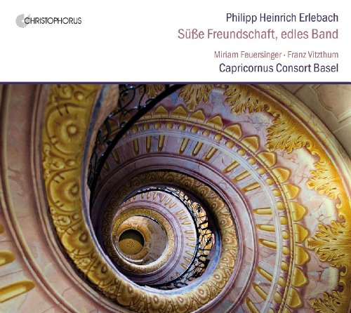 "CD cover with ornate spiral staircase and classical music text."