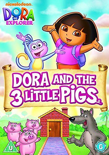 "DVD cover featuring Dora the Explorer and cartoon characters, including three pigs and a wolf."