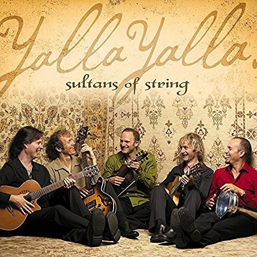 "Album cover of Sultans of String, five men sitting with various stringed instruments."