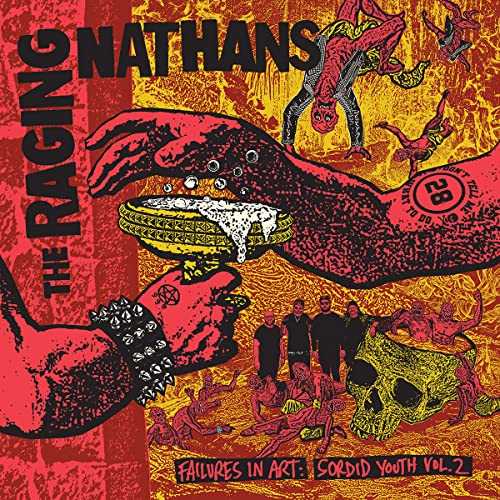 Red and yellow album cover with distorted figures and a hand holding a skull.