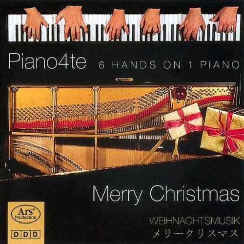 "Piano4te Merry Christmas" CD cover featuring six hands on piano keys and wrapped gifts.