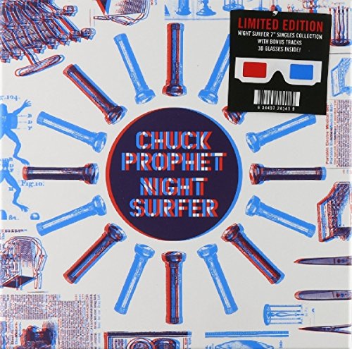 "Vinyl record cover with red and blue 3D glasses and assorted objects."