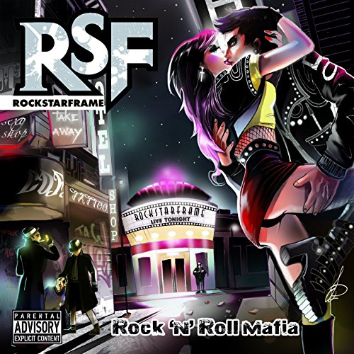 "Album cover art featuring a cartoon woman and cityscape with 'RSF' and 'Rock 'N' Roll Mafia'."