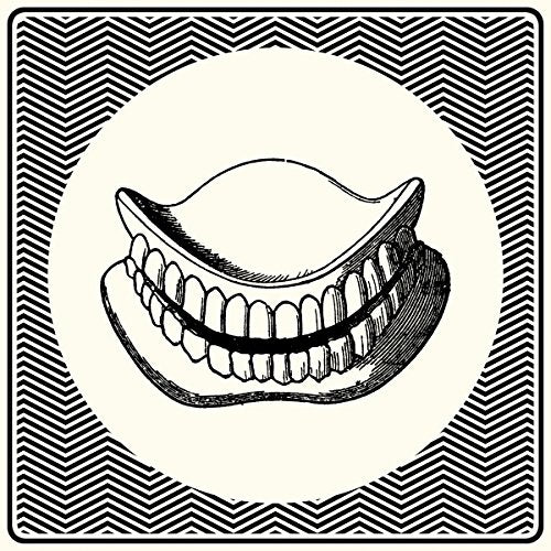 The image depicts a black and white illustration of a set of false teeth. Alt text: Black and white illustration of false teeth on a patterned background.