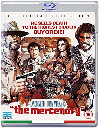 Blu-ray case with "The Mercenary" cover art featuring armed characters and red title text.
