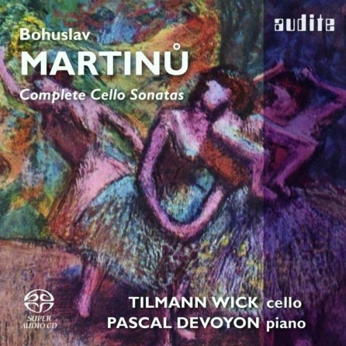 CD cover with abstract painting and white text, featuring cello and piano performers' names.