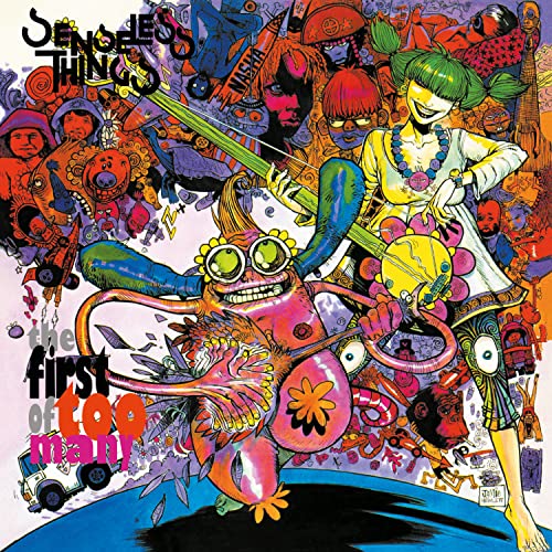 Psychedelic album cover with colorful characters and musical instruments.