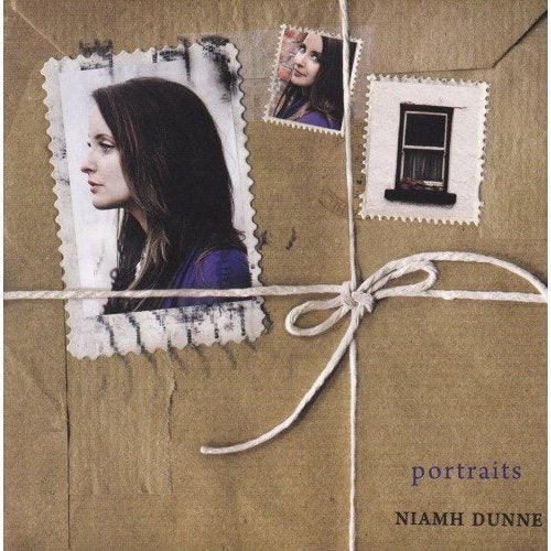 Brown paper package with tied twine and three postage stamp images, featuring a woman's portrait.